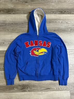Kansas University Spellout Logo Fleece Lined Blue Zip Up Hoodie - Men’s Medium